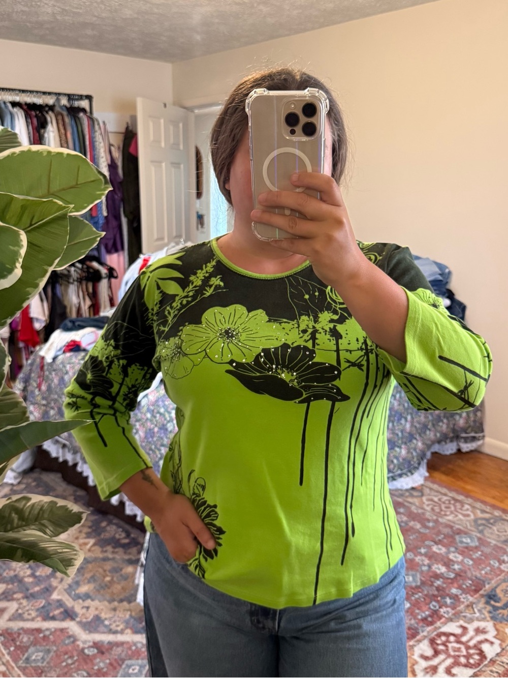 Jess & Jane black & green embellished floral tee